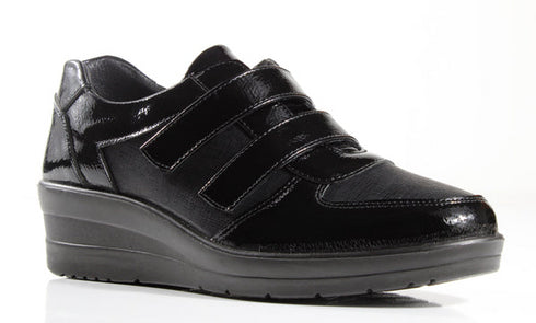 P Comfort WW1676 Black Patent PU Twin Velcro Strap Wedge Shoes